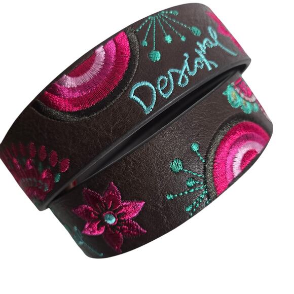Desigual Embroidered Floral Belt Brown Faux Leather Statement Round Buckle Large - Picture 5 of 15